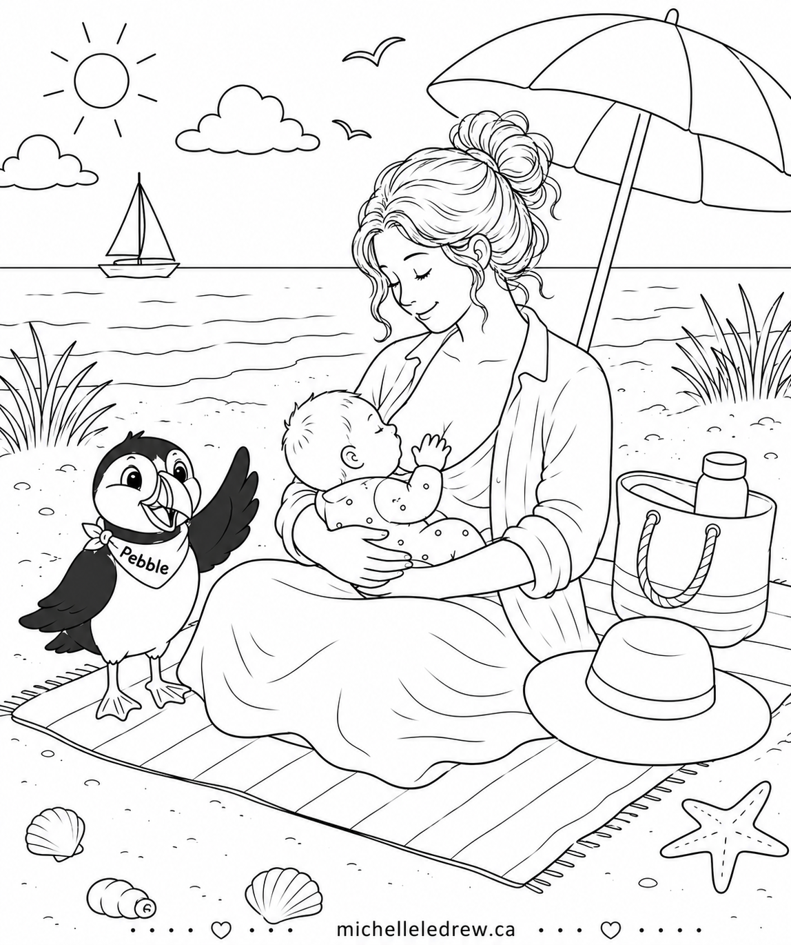 a gift for you and me! colouring page breastfeeding at the beach